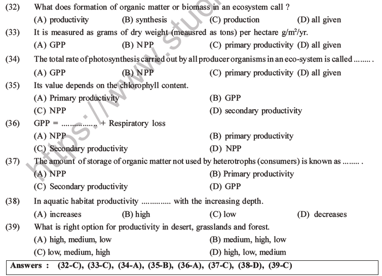 NEET Biology Ecosystem MCQs Set B, Multiple Choice Questions